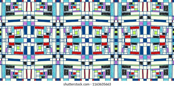 Geometric background in Mondrian grid style.  Pop art pattern. Ornament with abstract mosaic squares. Modern embroidery. Ethnic African print. Colorful figures of Memphis. Traditional striped vector