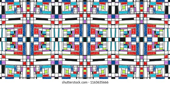 Geometric background in Mondrian grid style.  Pop art pattern. Ornament with abstract mosaic squares. Modern embroidery. Ethnic African print. Colorful figures of Memphis. Traditional striped vector