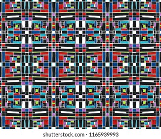 Geometric background in Mondrian grid style.  Pop art pattern. Ornament with abstract mosaic squares. Modern embroidery. Ethnic African print. Colorful figures of Memphis. Traditional striped vector