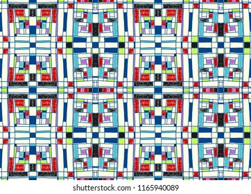 Geometric background in Mondrian grid style.  Pop art pattern. Ornament with abstract mosaic squares. Modern embroidery. Ethnic African print. Colorful figures of Memphis. Traditional striped vector
