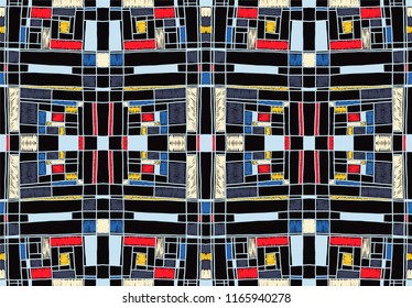 Geometric background in Mondrian grid style.  Pop art pattern. Ornament with abstract mosaic squares. Modern embroidery. Ethnic African print. Colorful figures of Memphis. Traditional striped vector