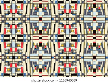 Geometric background in Mondrian grid style.  Pop art pattern. Ornament with abstract mosaic squares. Modern embroidery. Ethnic African print. Colorful figures of Memphis. Traditional striped vector