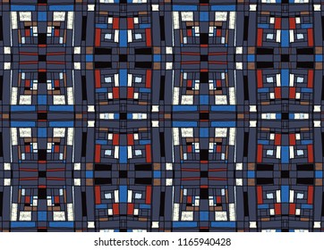 Geometric background in Mondrian grid style.  Pop art pattern. Ornament with abstract mosaic squares. Modern embroidery. Ethnic African print. Colorful figures of Memphis. Traditional striped vector
