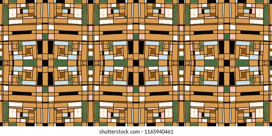 Geometric background in Mondrian grid style.  Pop art pattern. Ornament with abstract mosaic squares. Modern embroidery. Ethnic African print. Colorful figures of Memphis. Traditional striped vector