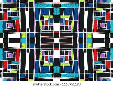 Geometric background in Mondrian grid style.  Pop art pattern. Ornament with abstract mosaic squares. Modern embroidery. Ethnic African print. Colorful figures of Memphis. Traditional striped vector