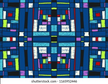 Geometric background in Mondrian grid style.  Pop art pattern. Ornament with abstract mosaic squares. Modern embroidery. Ethnic African print. Colorful figures of Memphis. Traditional striped vector