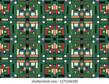 Geometric background in Mondrian grid style.  Pop art pattern. Ornament with abstract mosaic squares. Modern embroidery. Ethnic African print. Colorful figures of Memphis. Traditional striped vector