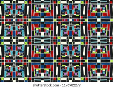 Geometric background in Mondrian grid style.  Pop art pattern. Ornament with abstract mosaic squares. Modern embroidery. Ethnic African print. Colorful figures of Memphis. Traditional striped vector