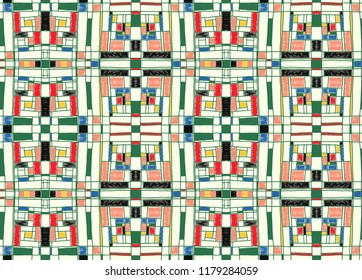 Geometric background in Mondrian grid style.  Pop art pattern. Ornament with abstract mosaic squares. Modern embroidery. Ethnic African print. Colorful figures of Memphis. Traditional striped vector