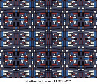 Geometric background in Mondrian grid style.  Pop art pattern. Ornament with abstract mosaic squares. Modern embroidery. Ethnic African print. Colorful figures of Memphis. Traditional striped vector