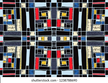 Geometric background in Mondrian grid style.  Pop art pattern. Ornament with abstract mosaic squares. Modern embroidery. Ethnic African print. Colorful figures of Memphis. Traditional striped vector