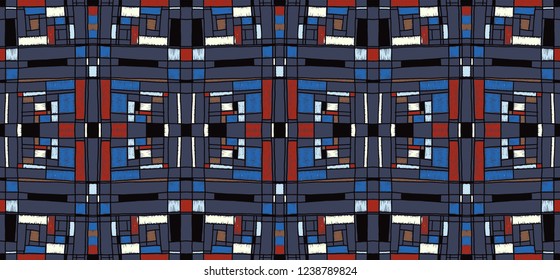 Geometric background in Mondrian grid style.  Pop art pattern. Ornament with abstract mosaic squares. Modern embroidery. Ethnic African print. Colorful figures of Memphis. Traditional striped vector
