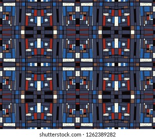 Geometric background in Mondrian grid style.  Pop art pattern. Ornament with abstract mosaic squares. Modern embroidery. Ethnic African print. Colorful figures of Memphis. Traditional striped vector