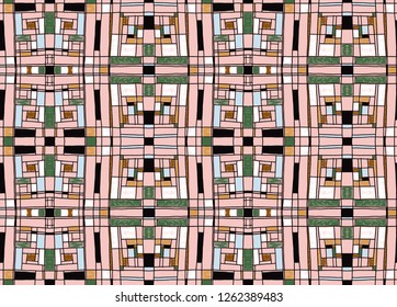 Geometric background in Mondrian grid style.  Pop art pattern. Ornament with abstract mosaic squares. Modern embroidery. Ethnic African print. Colorful figures of Memphis. Traditional striped vector