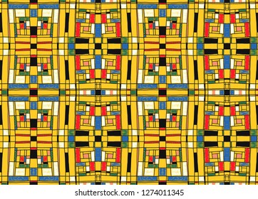 Geometric background in Mondrian grid style.  Pop art pattern. Ornament with abstract mosaic squares. Modern embroidery. Ethnic African print. Colorful figures of Memphis. Traditional striped vector