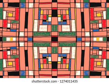 Geometric background in Mondrian grid style.  Pop art pattern. Ornament with abstract mosaic squares. Modern embroidery. Ethnic African print. Colorful figures of Memphis. Traditional striped vector