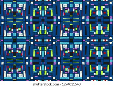 Geometric background in Mondrian grid style.  Pop art pattern. Ornament with abstract mosaic squares. Modern embroidery. Ethnic African print. Colorful figures of Memphis. Traditional striped vector
