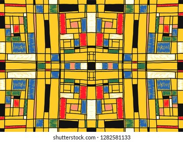 Geometric background in Mondrian grid style.  Pop art pattern. Ornament with abstract mosaic squares. Modern embroidery. Ethnic African print. Colorful figures of Memphis. Traditional striped vector
