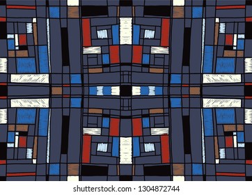 Geometric background in Mondrian grid style.  Pop art pattern. Ornament with abstract mosaic squares. Modern embroidery. Ethnic African print. Colorful figures of Memphis. Traditional striped vector