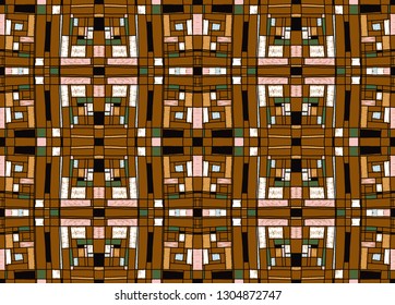 Geometric background in Mondrian grid style.  Pop art pattern. Ornament with abstract mosaic squares. Modern embroidery. Ethnic African print. Colorful figures of Memphis. Traditional striped vector