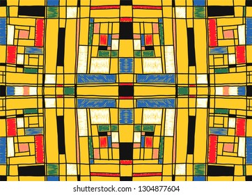 Geometric background in Mondrian grid style.  Pop art pattern. Ornament with abstract mosaic squares. Modern embroidery. Ethnic African print. Colorful figures of Memphis. Traditional striped vector