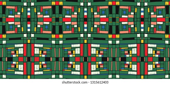 Geometric background in Mondrian grid style.  Pop art pattern. Ornament with abstract mosaic squares. Modern embroidery. Ethnic African print. Colorful figures of Memphis. Traditional striped vector