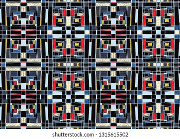 Geometric background in Mondrian grid style.  Pop art pattern. Ornament with abstract mosaic squares. Modern embroidery. Ethnic African print. Colorful figures of Memphis. Traditional striped vector