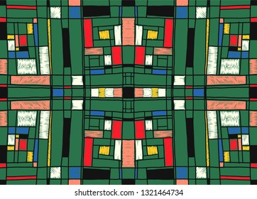 Geometric background in Mondrian grid style.  Pop art pattern. Ornament with abstract mosaic squares. Modern embroidery. Ethnic African print. Colorful figures of Memphis. Traditional striped vector