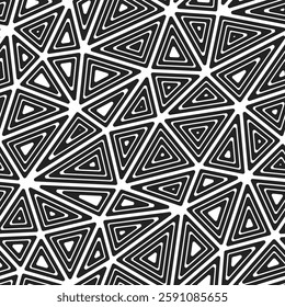 Geometric background. Multiple repeated inner triangles. Large triangles size. Black and white style. Seamless pattern. Awesome vector tiles. Elegant vector illustration.