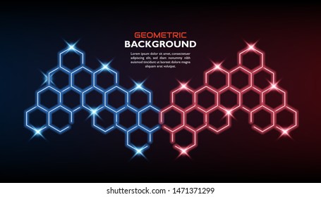geometric background with neon lights effect. hexagon shape with red and blue color lines. vector illustration