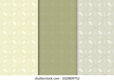 Geometric background. Olive green vertical seamless wallpaper. Colored set for textile and wallpapers