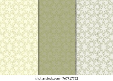 Geometric background. Olive green vertical seamless wallpaper. Colored set for textile and wallpapers