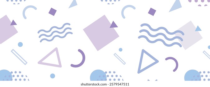 Geometric background with pastel purple and blue shapes on a white background. The style is playful and abstract with a smooth texture. Fun memphis pattern background. Purple background vector.