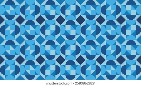 A geometric background pattern, characterized by intricate interlocking shapes and an elegant monochromatic blue color scheme