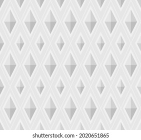 Geometric background pattern seamless. Diamond shape white 3D. Surface design for apparel, textile, garment, fabric, tile, cover, poster, flyer, banner, wall. Vector illustration.