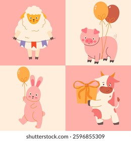 Geometric background with playful animals with balloons and presents. Vector illustration
