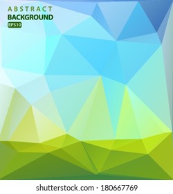 geometric background with polygons summer green field and blue sky with bokeh effect. Vector EPS 10 illustration.