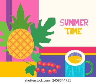 Fondo colorido geométrico del verano, cartel, Anuncio. Piña, Blackberry, taza de bebida. Diseño de promoción de concepto de diversión de verano