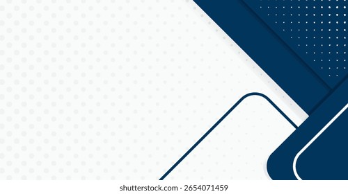 Geometric background presents angled navy layers and shapes over a clean white field with subtle dots, generating a sophisticated, professional, and visually appealing layout