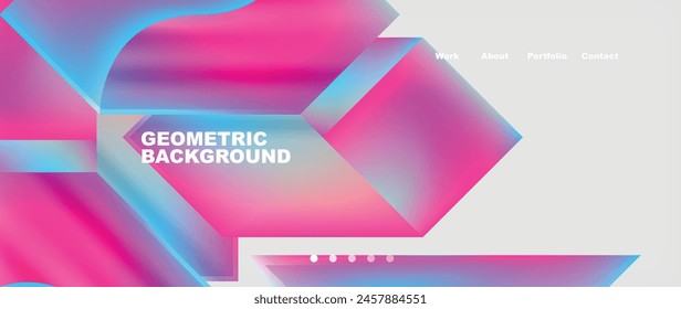 A geometric background with purple and electric blue triangles and rectangles on a white background. The design includes shades of pink, violet, and magenta, resembling office supplies