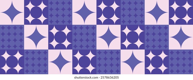 Geometric background with purple and lavender tones. The background features a pattern of circles and stars in purple and lavender hues. Minimal retro geometric star pattern vector background