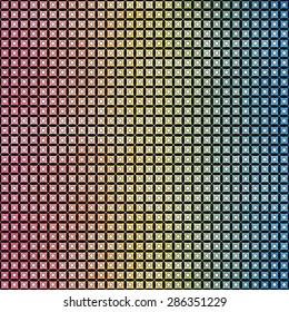 Geometric background in rainbow colors on the black. Squares and circles shapes. Vector illustration.
