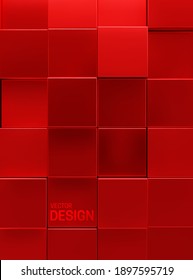 Geometric background of red cubic shapes. Vector architectural illustration. Random geometric backdrop. Glossy mosaic wall. Square pattern