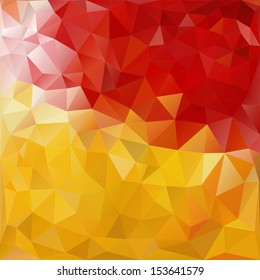 Geometric background of red, orange, yellow triangles in low poly style. Vector illustration.