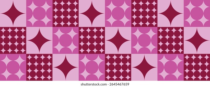 Geometric background with a retro style, featuring a pattern of pink and maroon shapes. The background is vibrant with pink and maroon hues. Minimal retro geometric star pattern vector background
