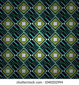 Geometric background with rhombus, dots and nodes. Abstract geometric pattern. Seamless geometric pattern. Vector seamless pattern. Blue, green and black background. Colorful texture.