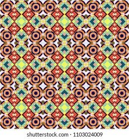 Geometric background with rhombus, dots and nodes. Colorful texture. Vector seamless pattern. Seamless geometric pattern. Abstract geometric pattern. Orange, blue and purple background.