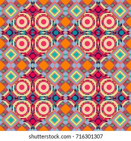 Geometric background with rhombus, dots and nodes. Vector seamless pattern. Abstract geometric pattern. Seamless geometric pattern. Pink, blue and orange background. Colorful texture.