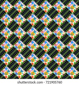 Geometric background with rhombus, dots and nodes. Black, green and blue background. Colorful texture. Seamless geometric pattern. Vector seamless pattern. Abstract geometric pattern.