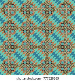 Geometric background with rhombus, dots and nodes. Colorful texture. Seamless geometric pattern. Abstract geometric pattern. Green, blue and orange background. Vector seamless pattern.